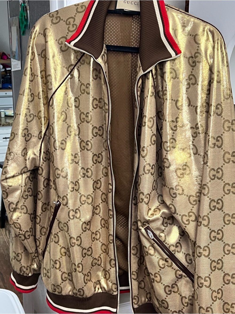 Gucci Metallic Gold GG Monogram Bomber Jacket with Red-White Trim